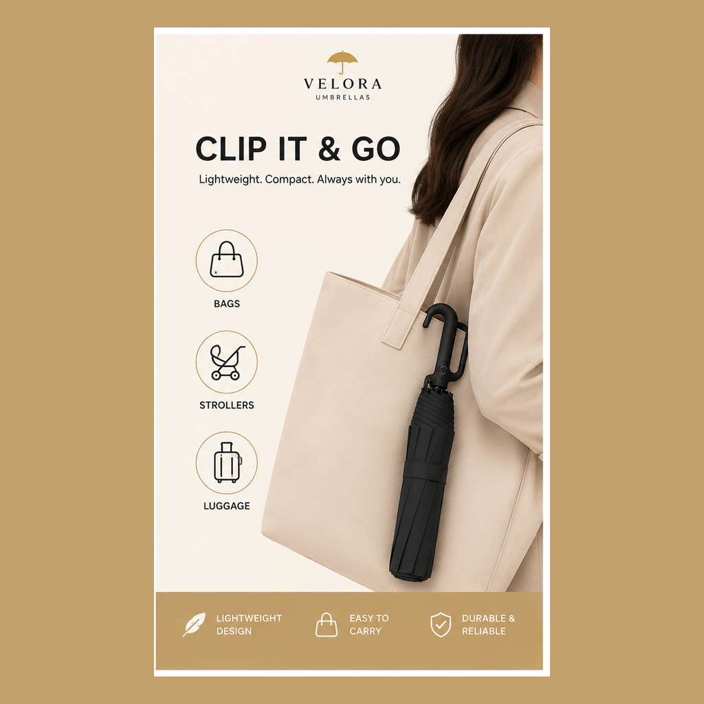 Velora clip umbrella attached to a tote bag